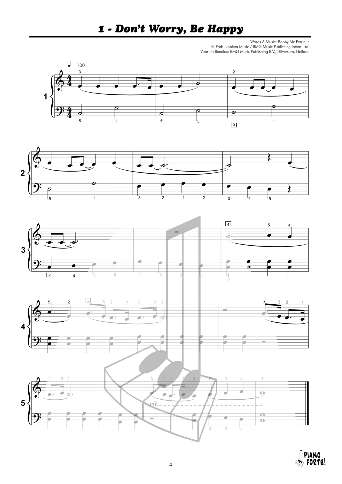 Bladmuziekvoorbeeld met blues-begeleiding uit Piano Forte! deel 2